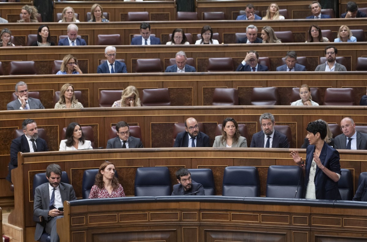 La minsitra de Inclusión, Seguridad Social y Migraciones, Elma Saiz, interviene durante una sesión de control al Gobierno.