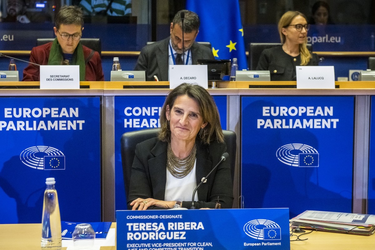Teresa Ribera, candidata a vicepresidenta ejecutiva de la Comisión Europea para la Transición Limpia, Justa y Competitiva, durante su audiencia de confirmación en el Parlamento Europeo.