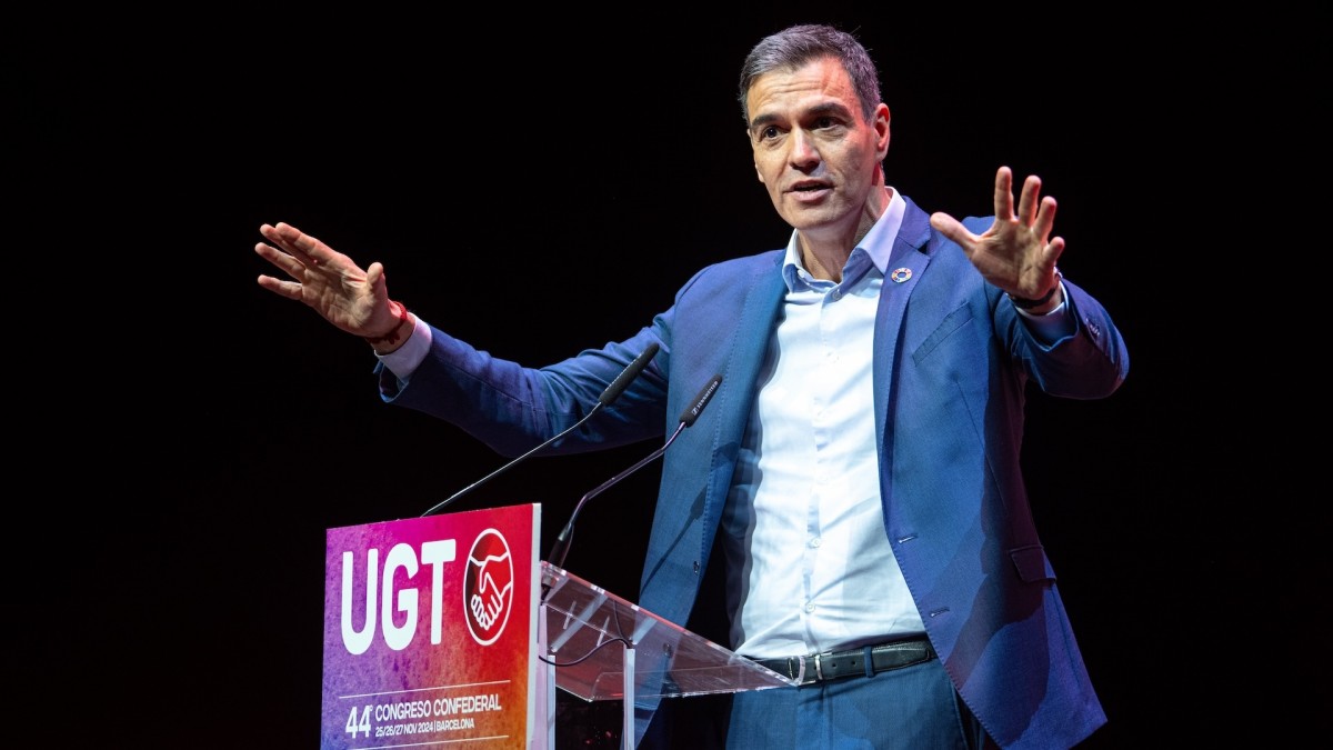 Pedro Sánchez se dirige al congreso de UGT celebrado en Barcelona.
