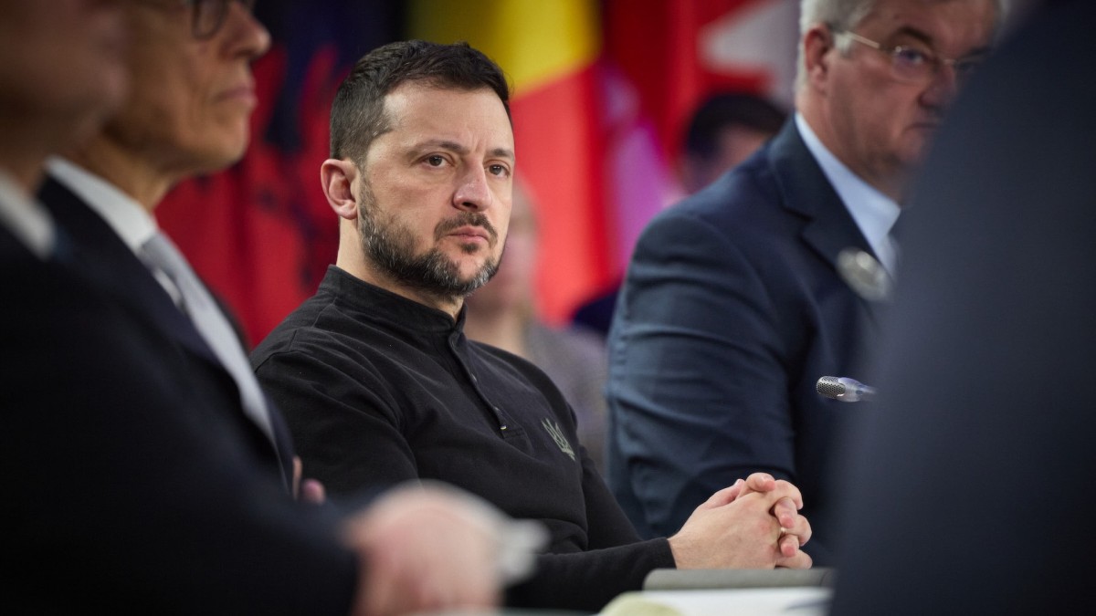 El presidente de Ucrania, Volodímir Zelenski, durante la conferencia de apoyo a Ucrania en el tercer aniversario de la invasión ilegal rusa.