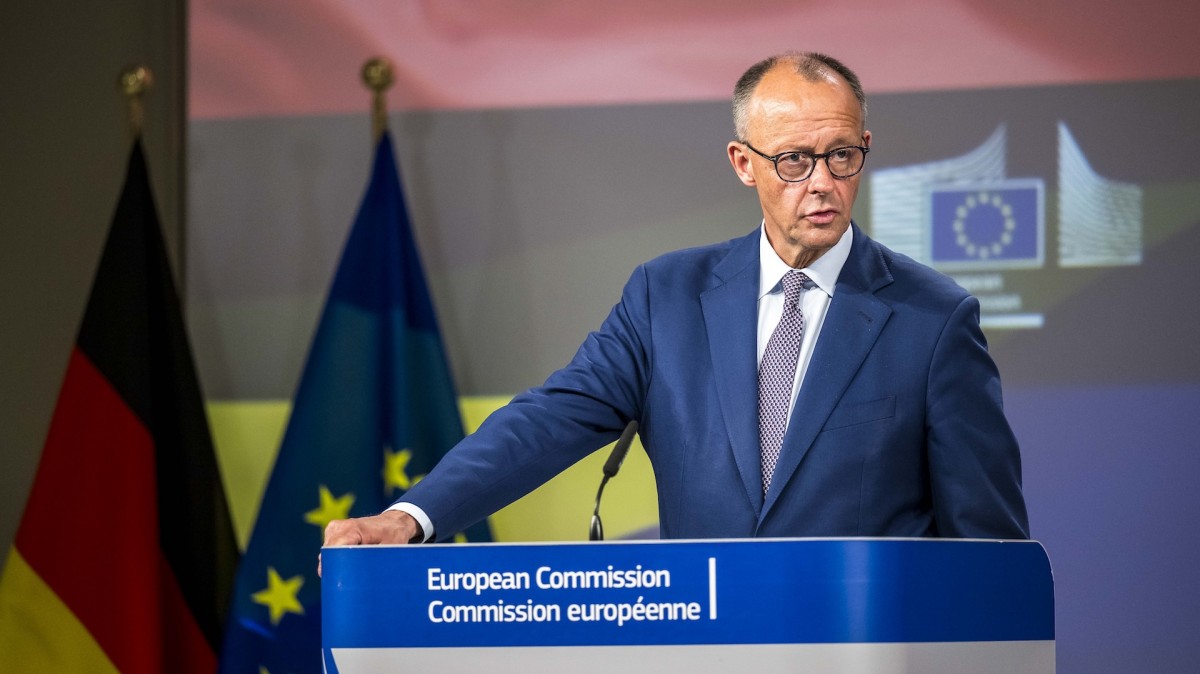  Friedrich Merz speaks at a press conference after his meeting with European Commission President Ursula von der Leyen.