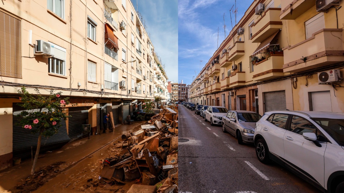 A la izquierda, una calle en València tras la DANA. A la derecha, la misma calle un año después.