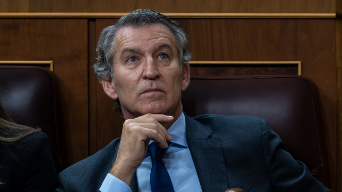 Alberto Núñez Feijóo, presidente del Partido Popular, se muestra pensativo durante un pleno en el Congreso.