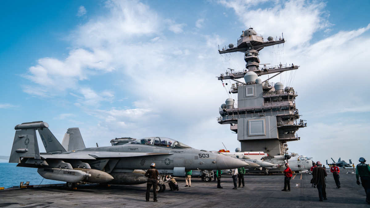 The aircraft carrier USS Gerald R. Ford, deployed in Caribbean waters, in an image from 2023.