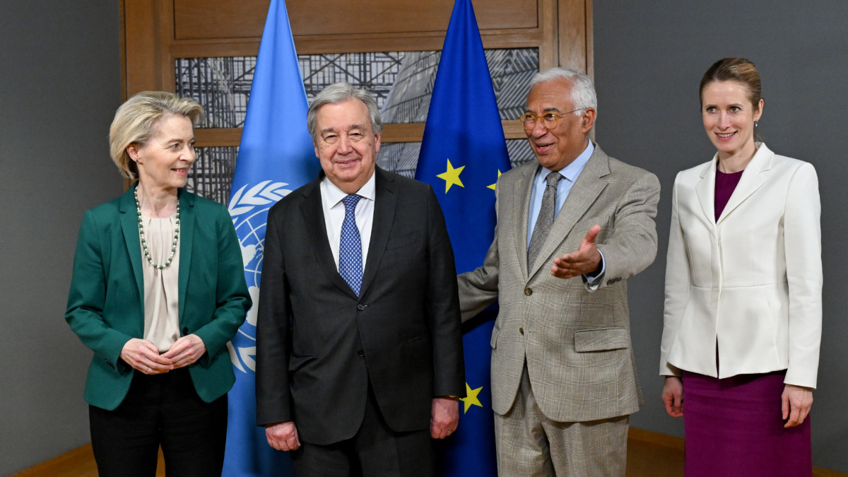 Ursula von der Leyen, António Guterres (NU), António Costa and Kaja Kallas past March 2025.