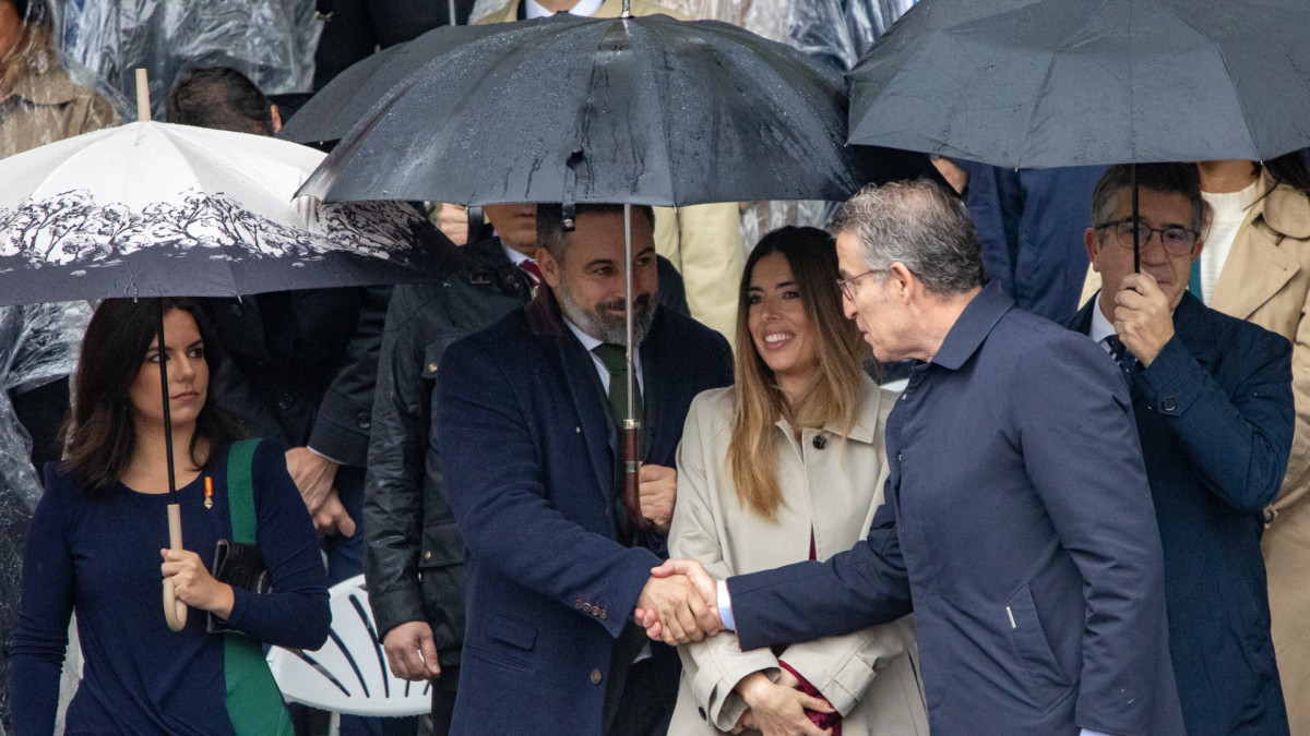Santiago Abascal y Alberto Núñez Feijóo se saludan en el desfile por el 12 de octubre (2024).