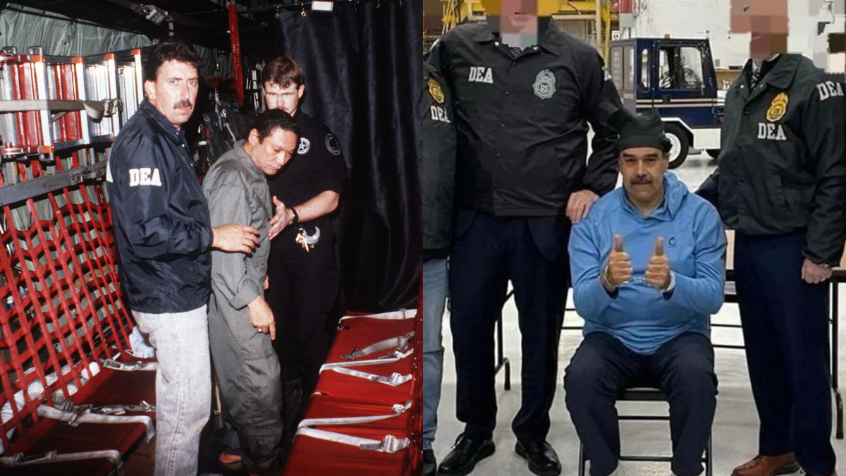 On the left, the Panamanian military leader Manuel Noriega, detained in 1989 by the U.S. On the right, the Venezuelan politician Nicolás Maduro, also detained by the U.S. in 2026.