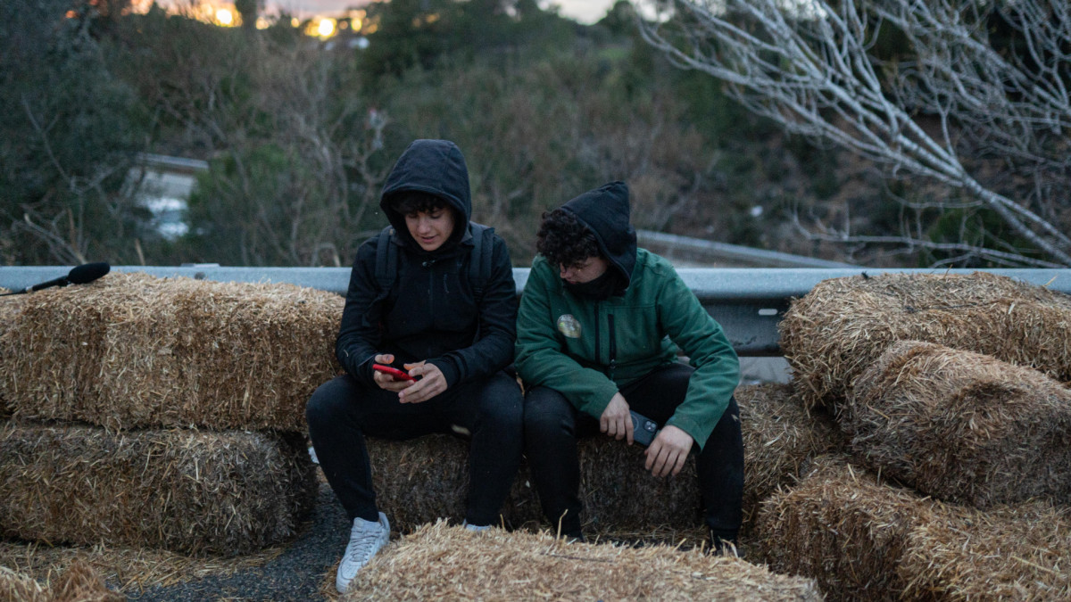 Dos jóvenes se sientan sobre unos fardos de paja mientras observan su móvil.