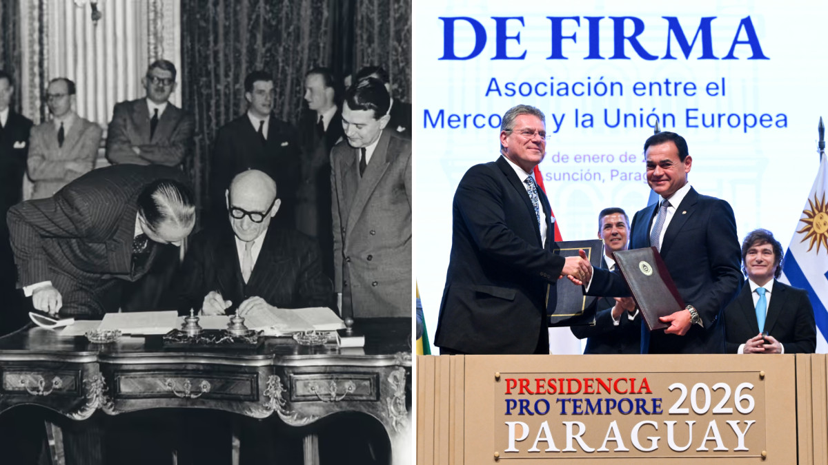 A la izquierda, Robert Schuman firmando el Tratado de París (1951). A la derecha, el comisario de Comercio Maroš Šefčovič en la firma del acuerdo UE-Mercosur.