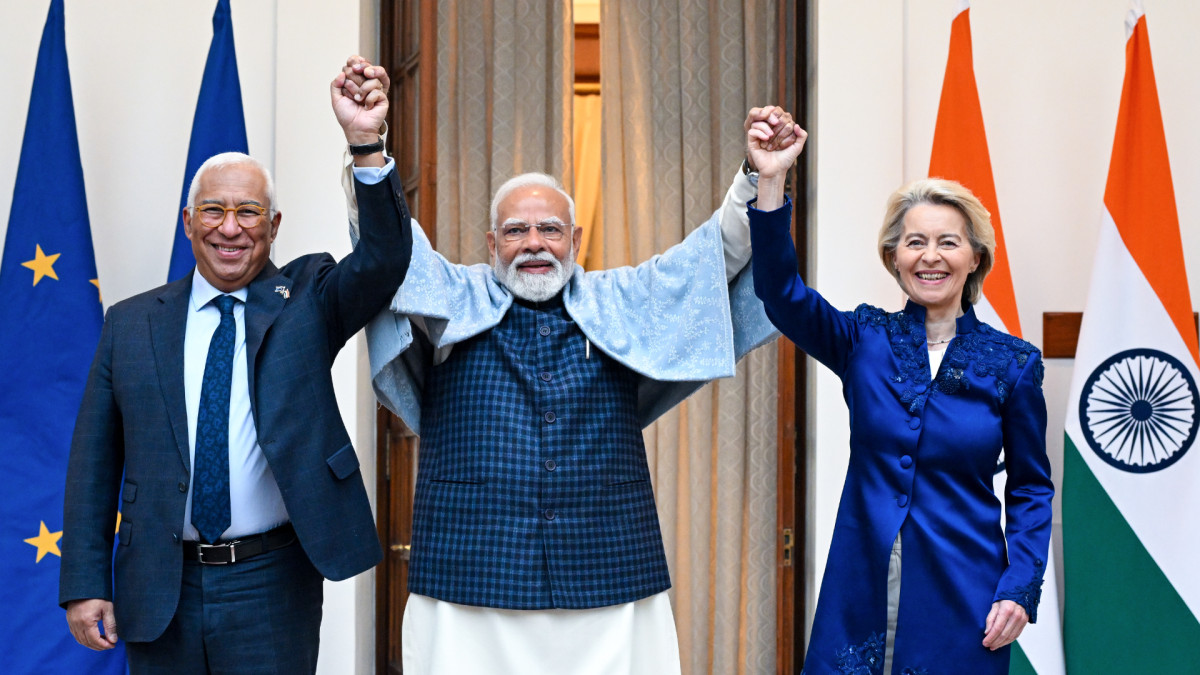 El primer ministro indio, Narendra Modi, António Costa y Úrsula von der Leyen en Nueva Delhi. | Unión Europea (Consejo Europeo)