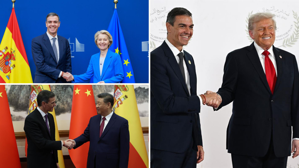 El presidente Pedro Sánchez con distintos líderes mundiales: Ursula von der Leyen, Donald Trump y Xi Jinping.