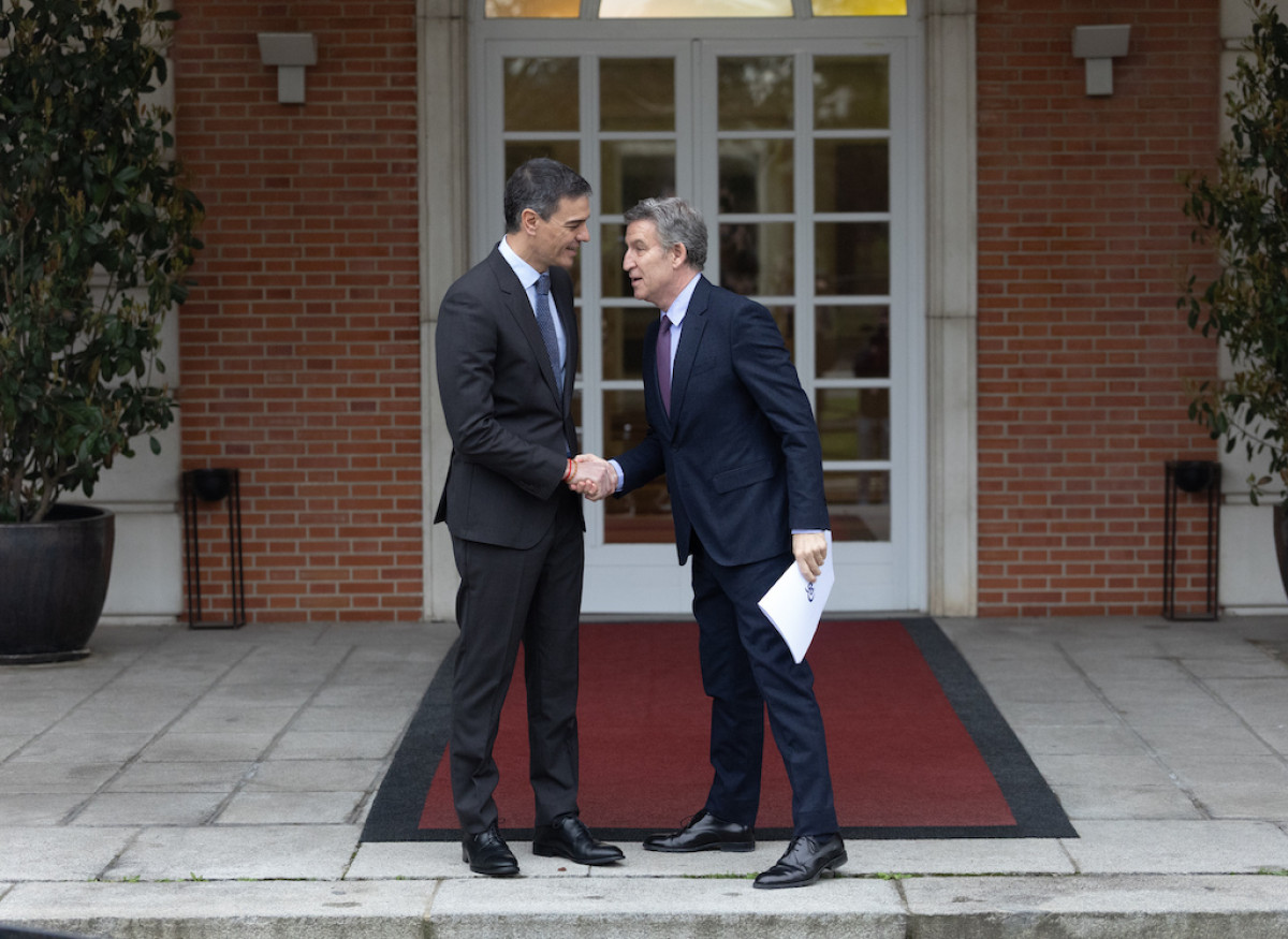 President of the Government Pedro Sánchez (l) receives Alberto Núñez Feijóo (r), president of the Popular Party, at Moncloa Palace.
