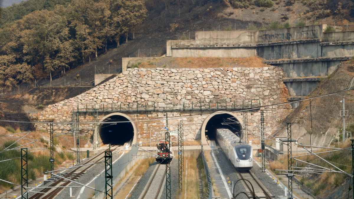 Un tren de la línea AVE Madrid-Galicia a su paso por la provincia de Ourense.