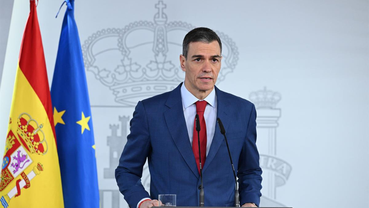 El presidente del Gobierno, Pedro Sánchez, durante su declaración institucional llamando contra la guerra en Irán.