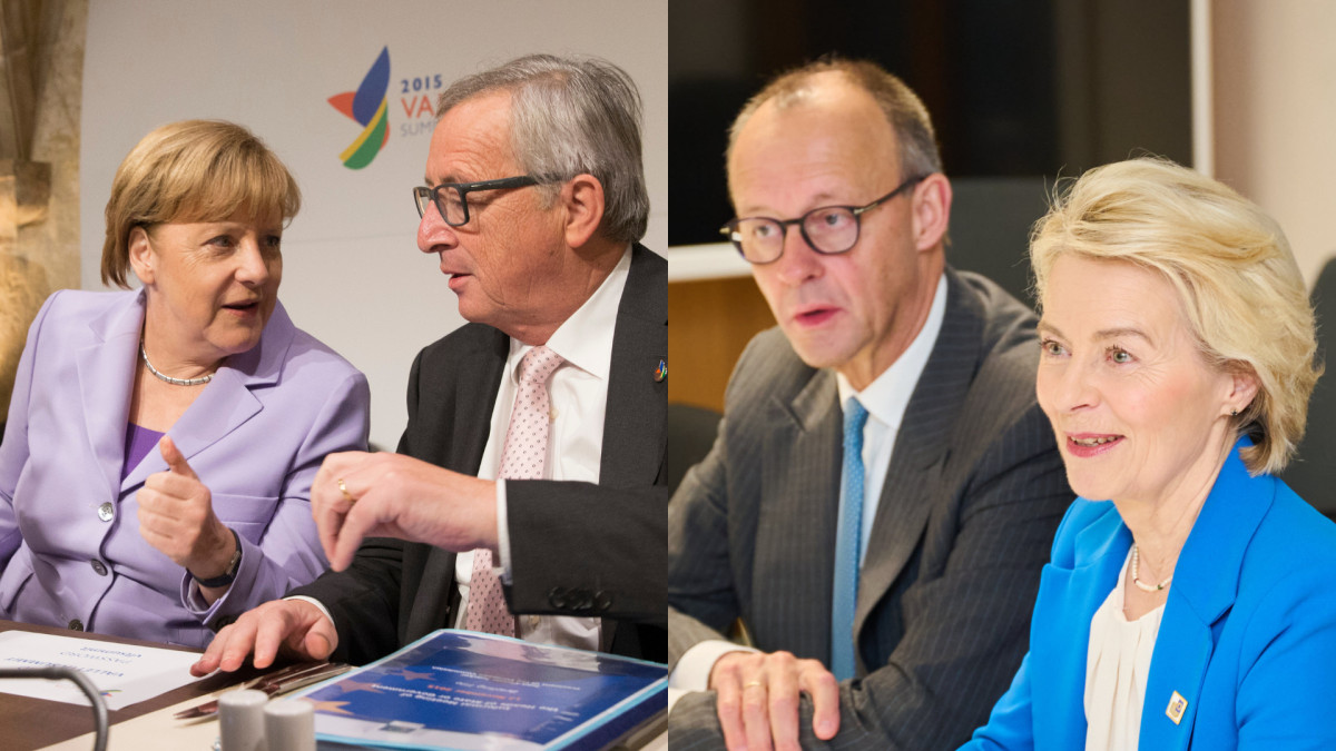 De izquierda a derecha: Angela Merkel, Jean-Claude Juncker, Friedrich Merz y Ursula von der Leyen.