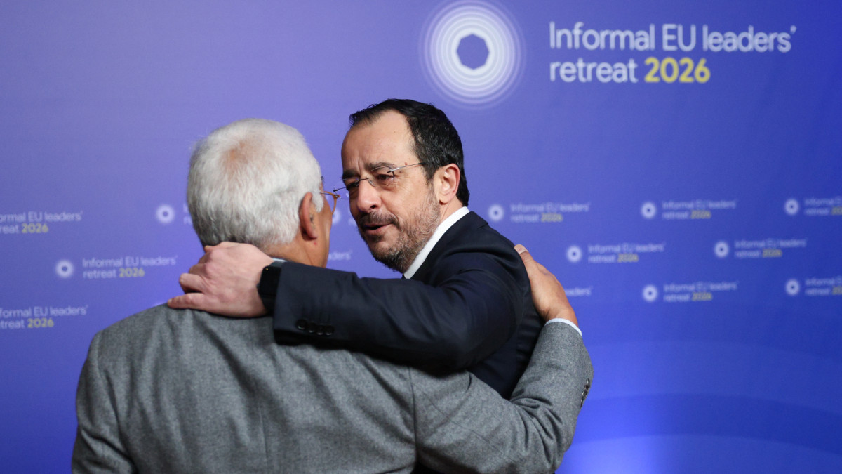António Costa, President of the European Council (left) embraces Nikos Christodoulides, President of Cyprus.