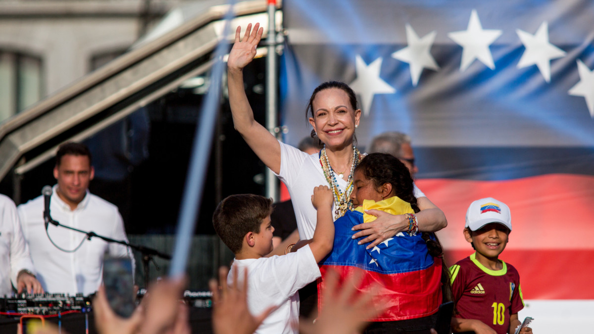 María Corina Machado se dirige al público en Madrid el pasado 18 de abril.