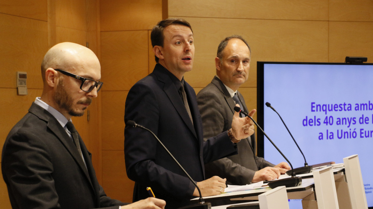 El eurodiputado Javi López (centro) presenta los datos de la encuesta del CEO junto al director del centro, Joan Rodríguez Teruel (derecha) y el director de la Oficina del Parlamento Europeo en Barcelona, Sergi Barrera (izquierda).