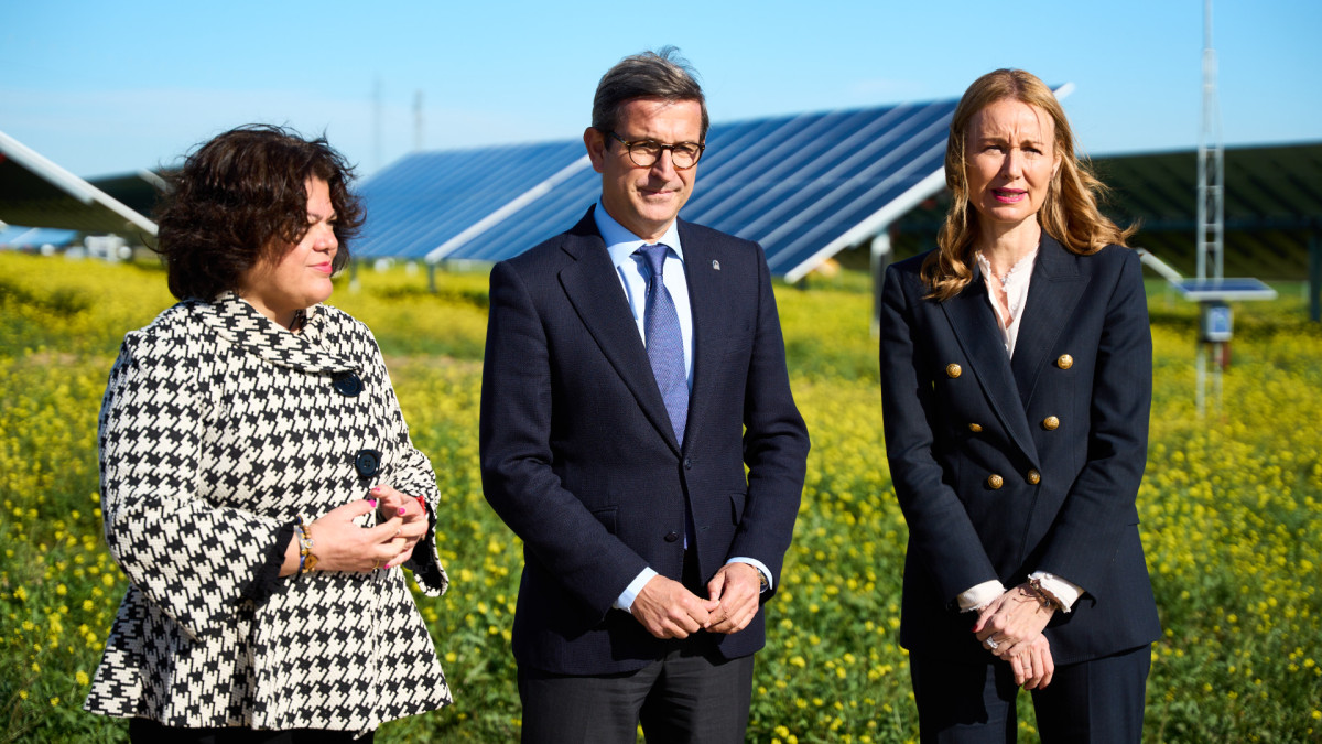El consejero de Industria, Energía y Minas de la Junta de Andalucía, Jorge Paradela, inaugura un parque fotovoltaico en Sevilla.