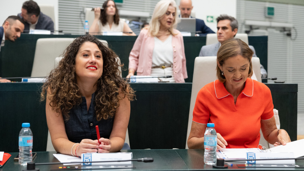 La concejala del PSOE, Emma López, y la portavoz del PSOE en el Ayuntamiento, Reyes Maroto, durante una sesión ordinaria del pleno municipal.
