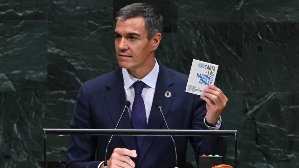 El presidente del Gobierno, Pedro Sánchez, durante su intervención en la Asamblea General de las Naciones Unidas. | Pool Moncloa / Carlos Herrero