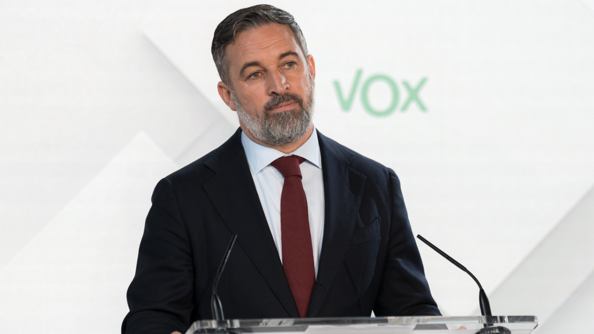 El presidente de Vox, Santiago Abascal, en la rueda de prensa convocada tras el anuncio de adelanto electoral. | Diego Radamés / Europa Press