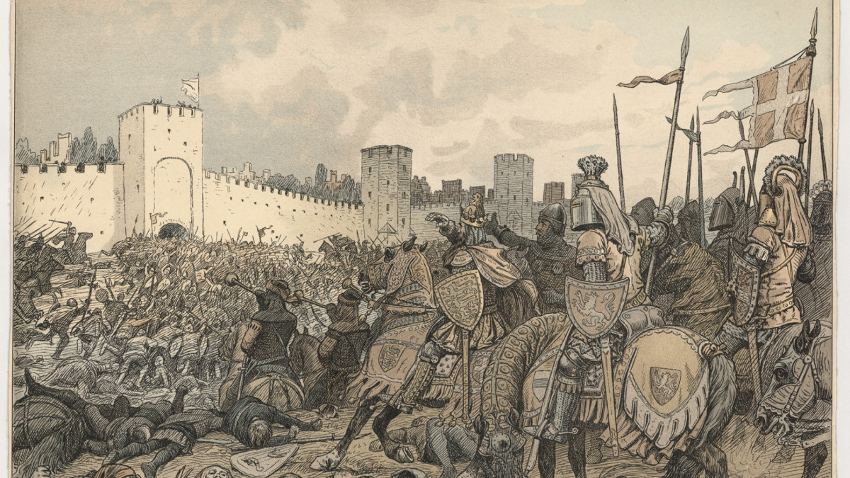 Las tropas del rey Valdemar IV de Dinamarca ante las murallas de Visby durante la invasión de Gotland en 1361, en una ilustración histórica de Rasmus Christiansen realizada en 1891.